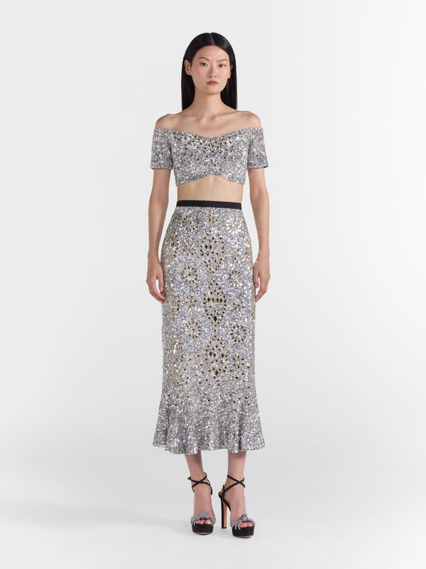 Saloni Aidan Skirt In Silver Sequin