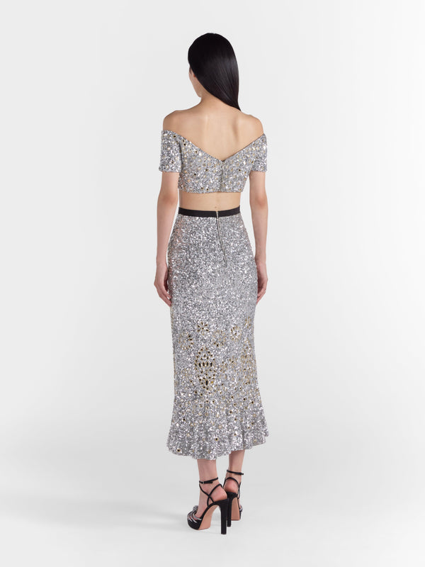 Saloni Aidan Skirt In Silver Sequin