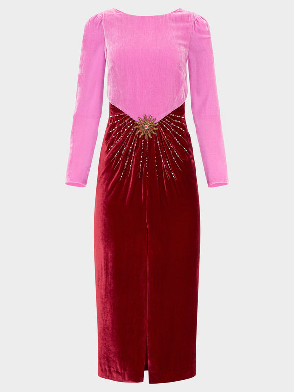 saloni Alix Dress in Peony Red Embroidery