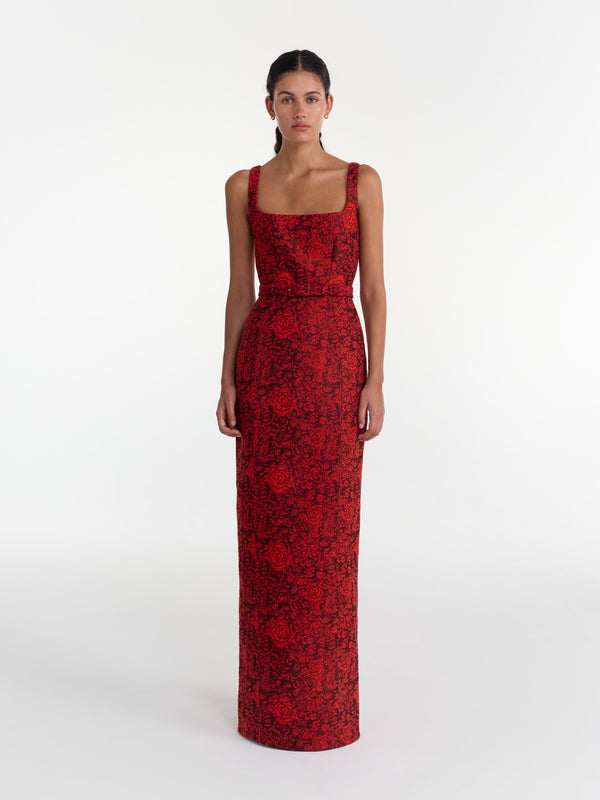 Saloni Bora Long Dress In Scarlet Rose