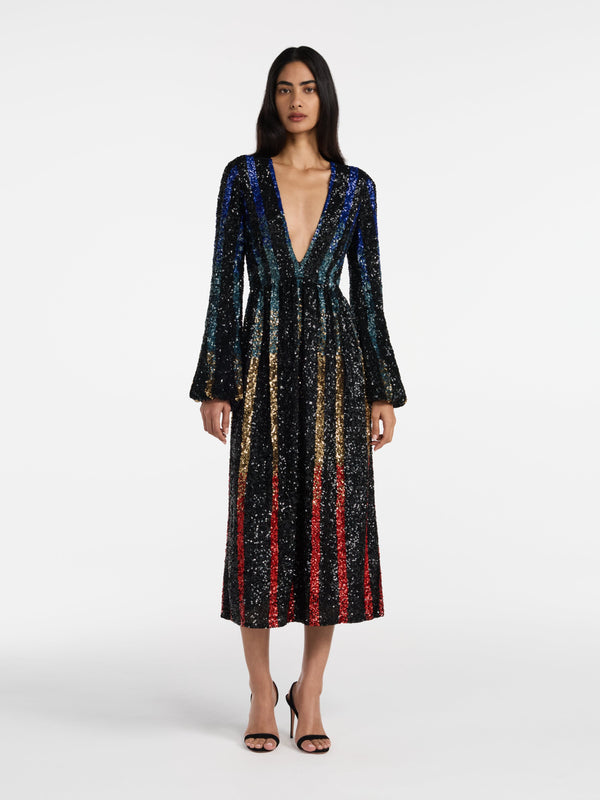 Saloni Camille B Dress Rainbow Stripe Sequin
