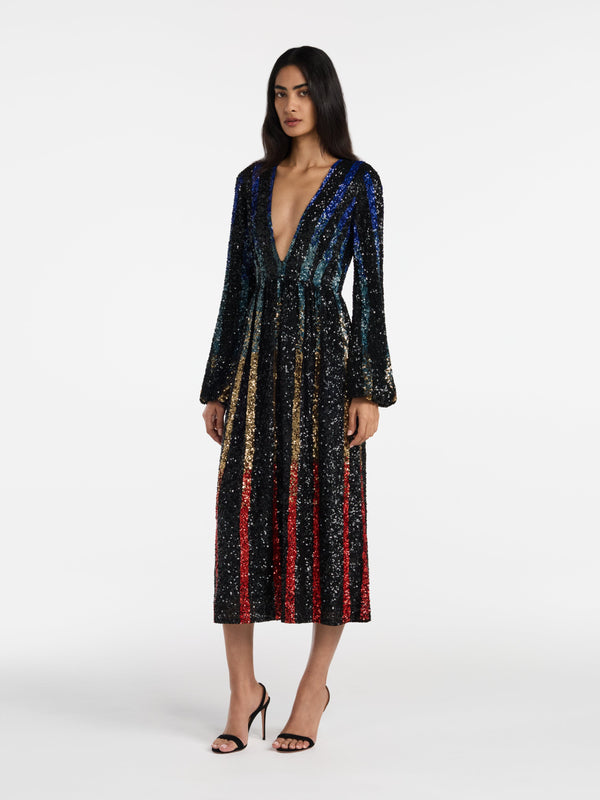 Saloni Camille B Dress Rainbow Stripe Sequin