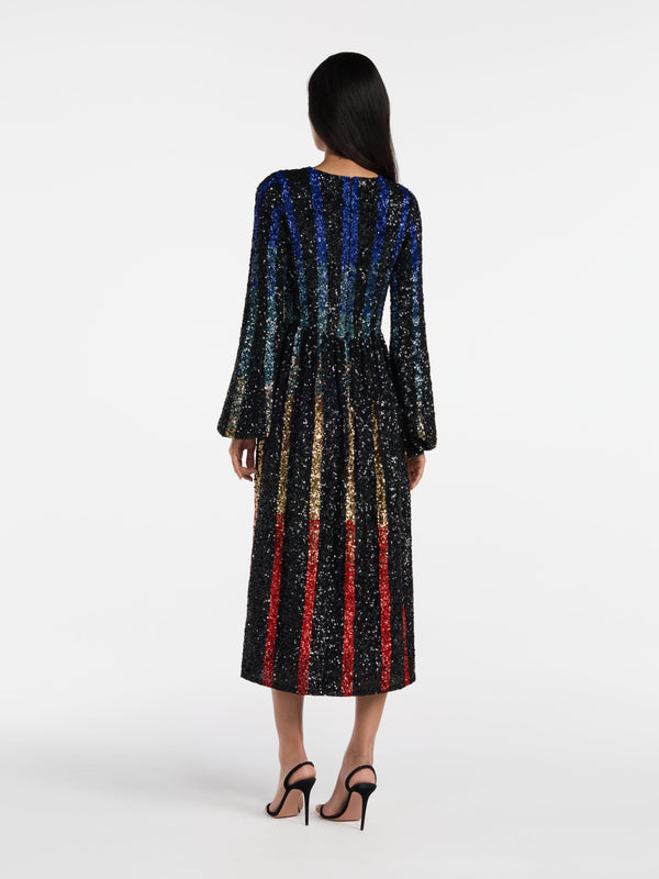 Saloni Camille B Dress Rainbow Stripe Sequin