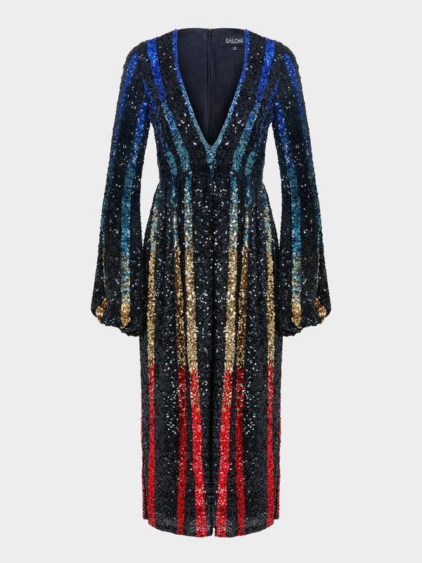 saloni Camille B Dress Rainbow Stripe Sequin