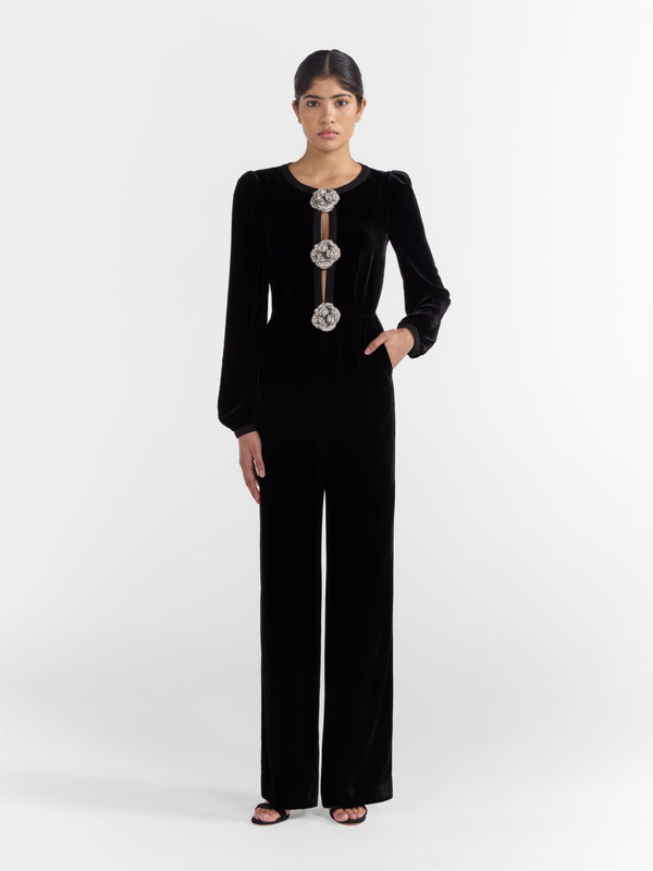 Saloni Camille Bows Jumpsuit In Black Crystal Rose