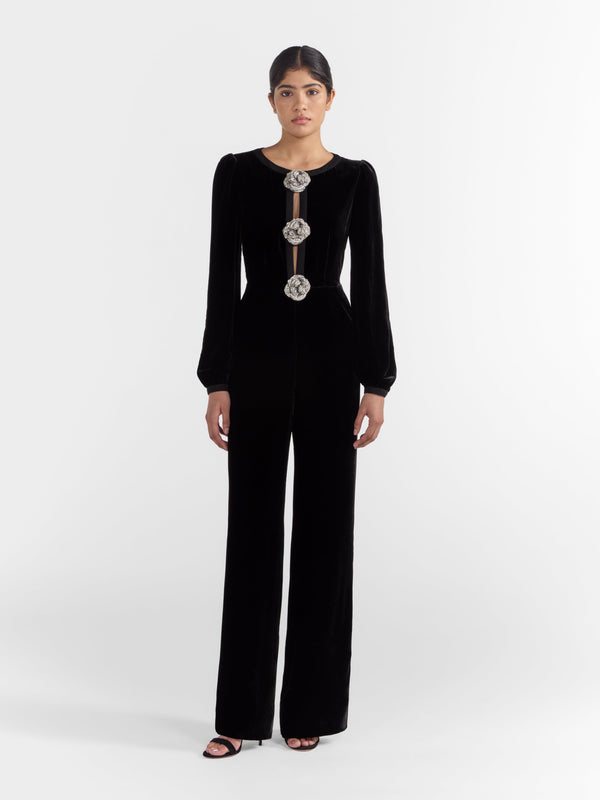 Saloni Camille Bows Jumpsuit In Black Crystal Rose