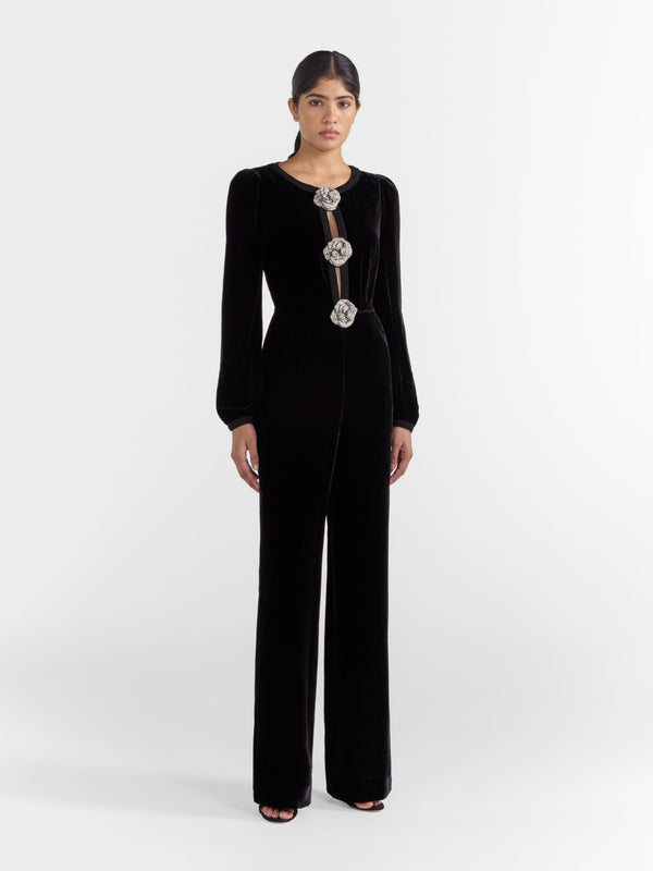 Saloni Camille Bows Jumpsuit In Black Crystal Rose