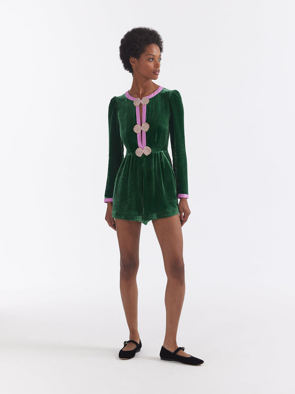 Saloni Camille Bows Playsuit In Emerald