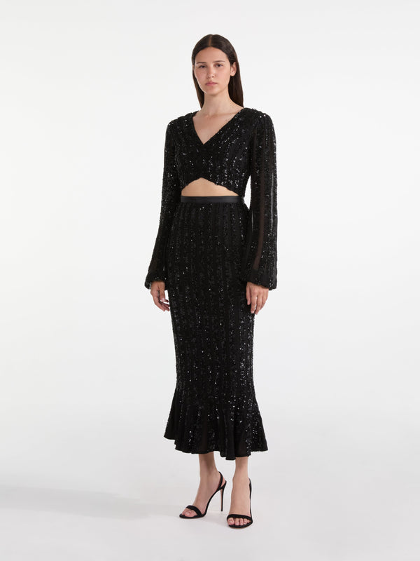 Saloni Camille Crop Top In Black Sequin Embroidery