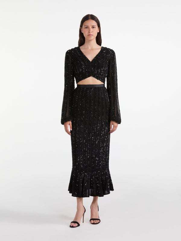 Saloni Camille Crop Top In Black Sequin Embroidery