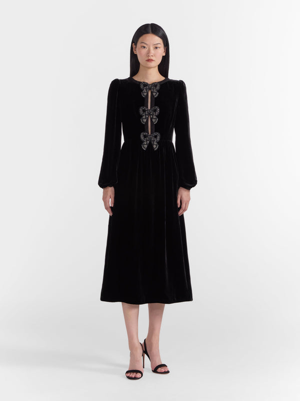 Saloni Camille Velvet Black Bows Dress In Black
