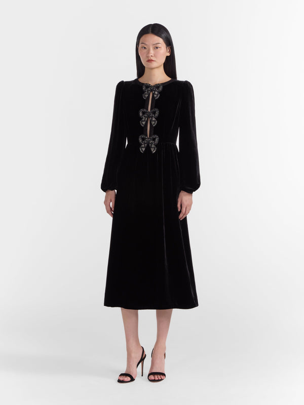 Saloni Camille Velvet Black Bows Dress In Black