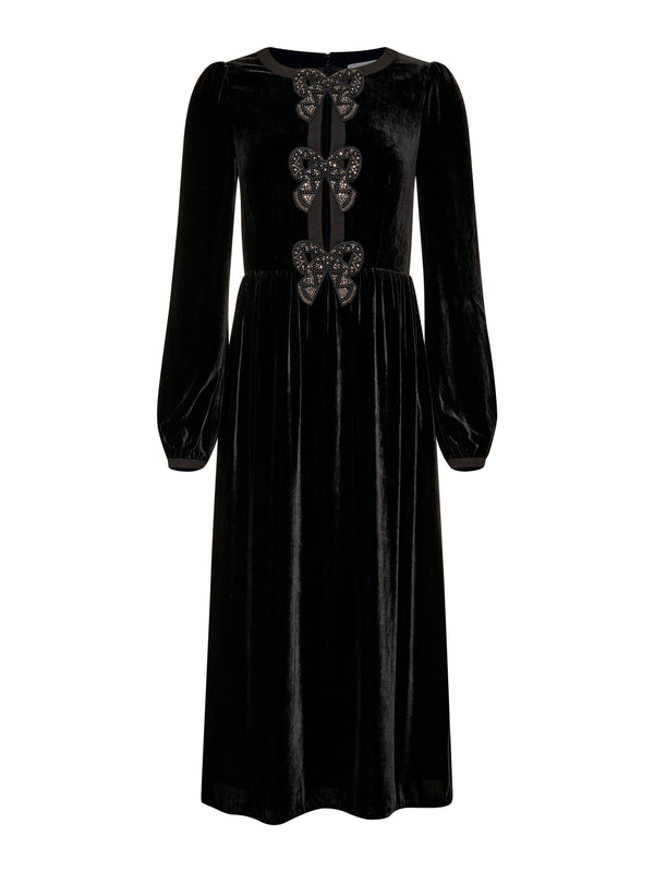 saloni Camille Velvet Black Bows Dress in Black