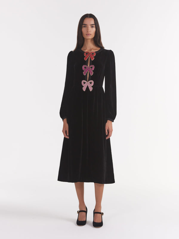 Saloni Camille Velvet Pink Bows Dress In Black