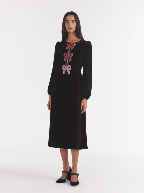 Saloni Camille Velvet Pink Bows Dress In Black