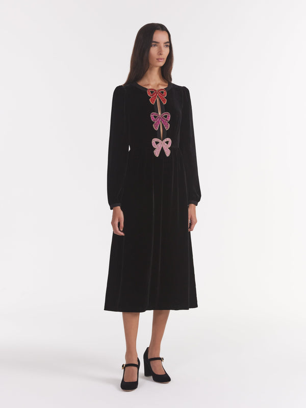 Saloni Camille Velvet Pink Bows Dress In Black