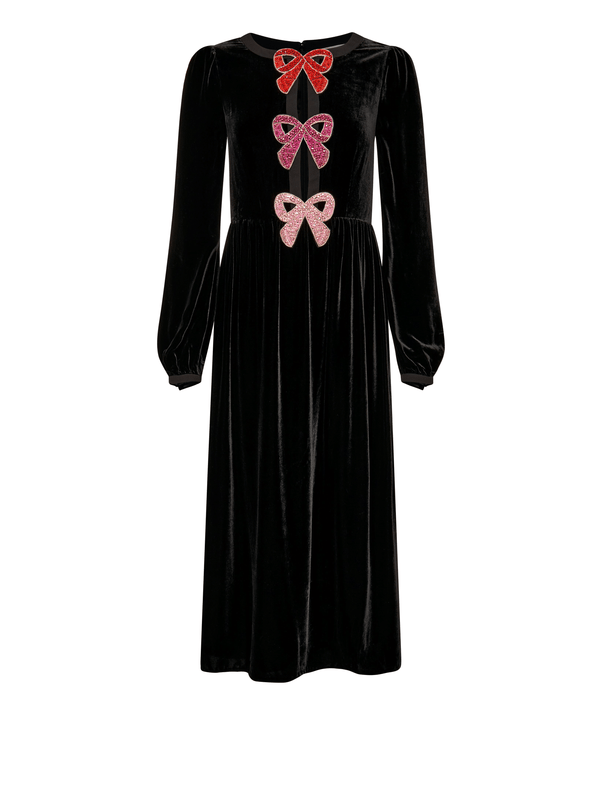 saloni Camille Velvet Pink Bows Dress in Black
