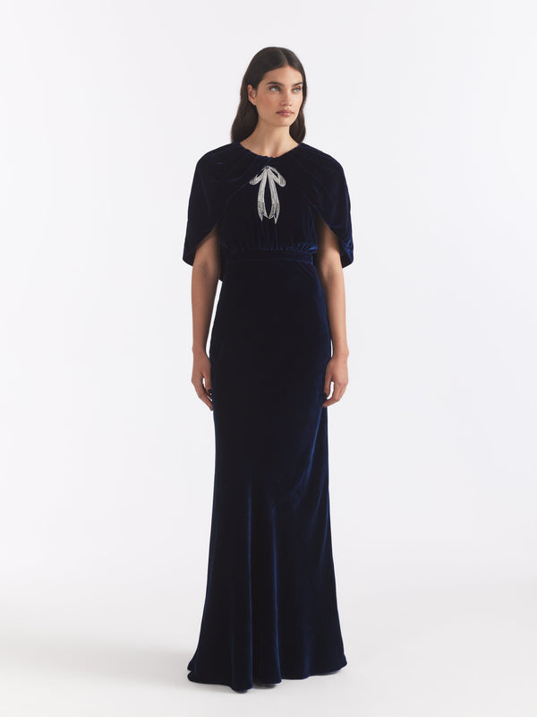 Saloni Celeste Long Dress In Navy Cardinal Ribbon