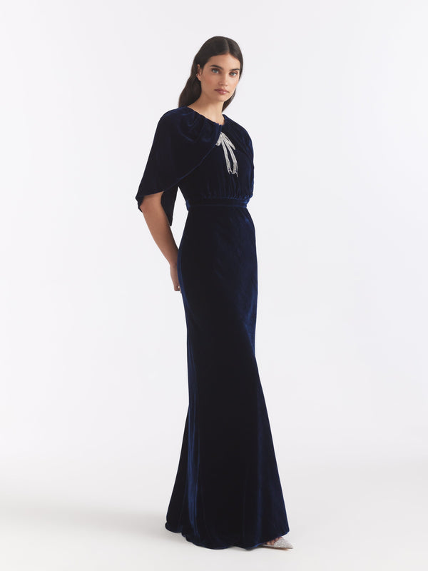 Saloni Celeste Long Dress In Navy Cardinal Ribbon