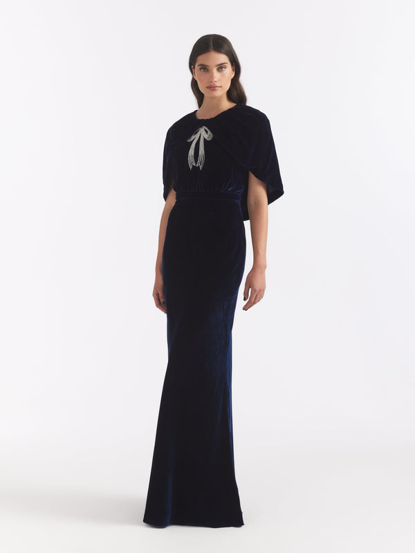Saloni Celeste Long Dress In Navy Cardinal Ribbon