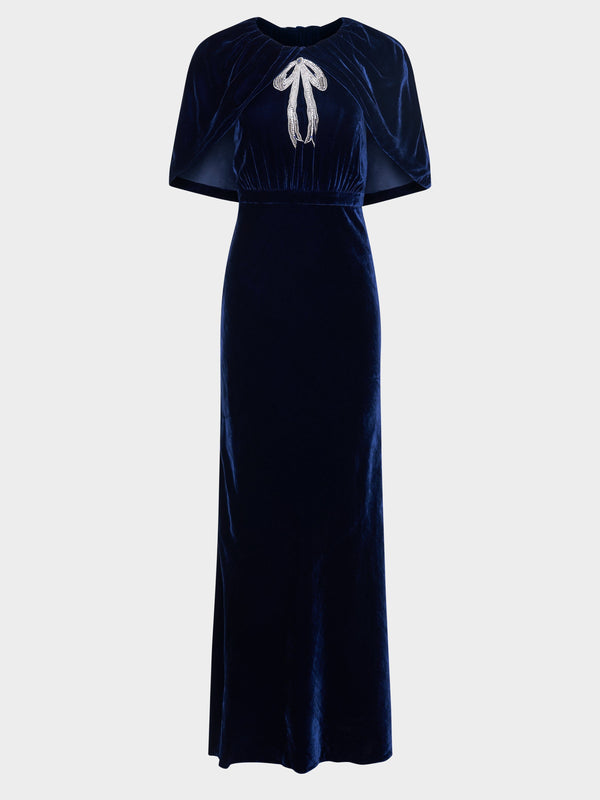 saloni Celeste Long Dress in Navy Cardinal Ribbon