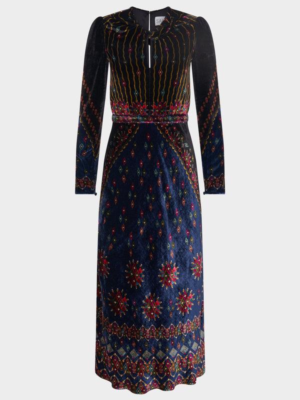 saloni Claudia Midi Velvet Dress in Jewel Rays