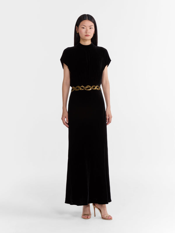 Saloni Fabienne B Dress In Black Sash Embroidery