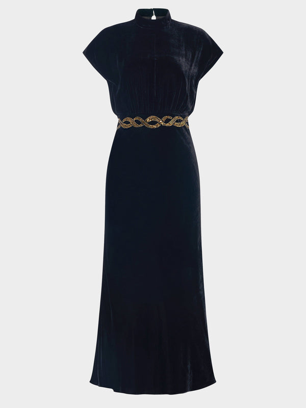 saloni Fabienne B Dress in Black Sash Embroidery