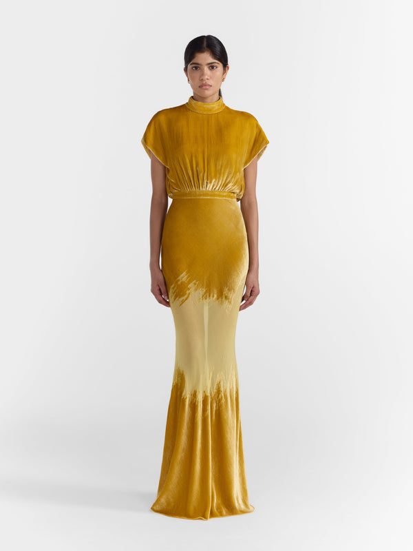 Saloni Fabienne Long Dress In Light Gold