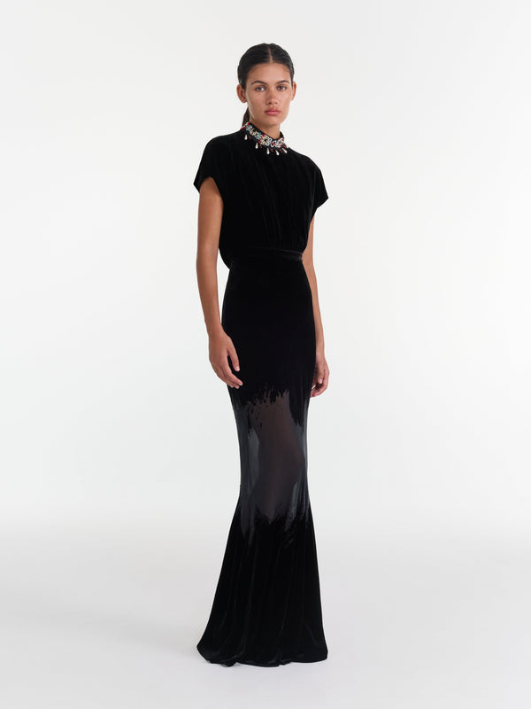 Saloni Fabienne Long Dress In Onyx Brushstroke