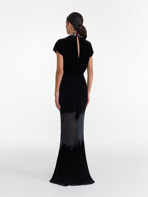 Saloni Fabienne Long Dress In Onyx Brushstroke