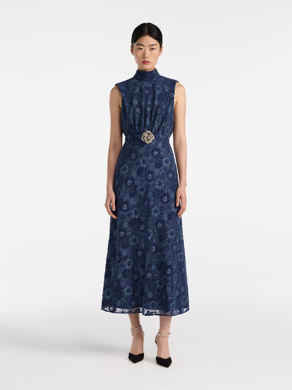 Saloni Fleur Lace Dress In Metallic Navy