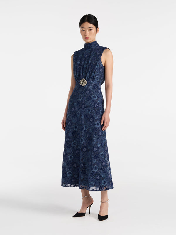 Saloni Fleur Lace Dress In Metallic Navy