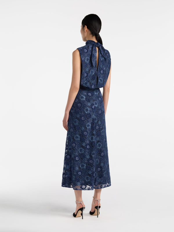 Saloni Fleur Lace Dress In Metallic Navy