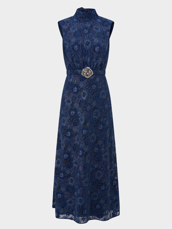 saloni Fleur Lace Dress in Metallic Navy