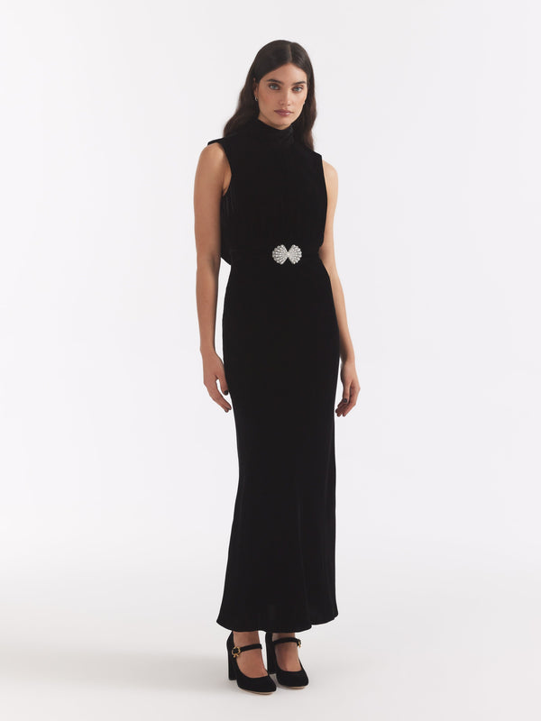 Saloni Fleur Velvet Dress In Black Pearl Clamshell