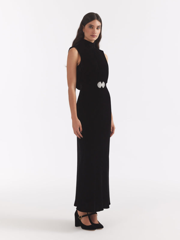 Saloni Fleur Velvet Dress In Black Pearl Clamshell