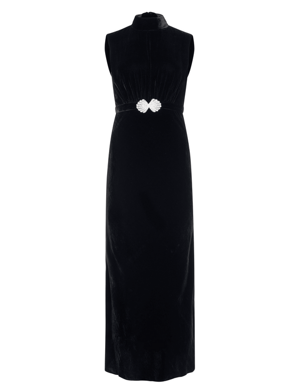 saloni Fleur Velvet Dress in Black Pearl Clamshell