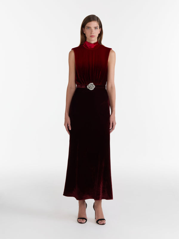 Saloni Fleur Velvet Dress In Ombre Garnet