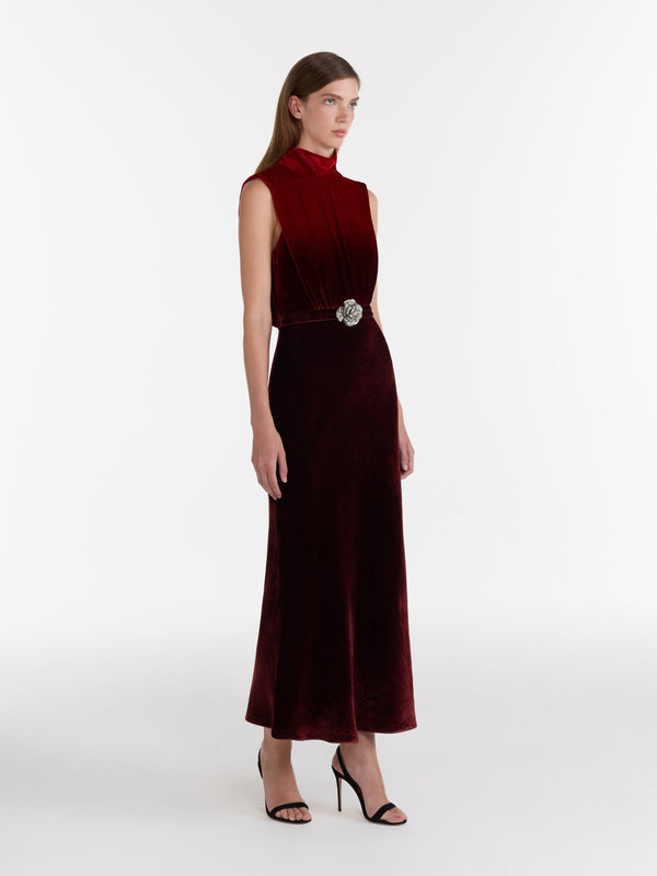 Saloni Fleur Velvet Dress In Ombre Garnet