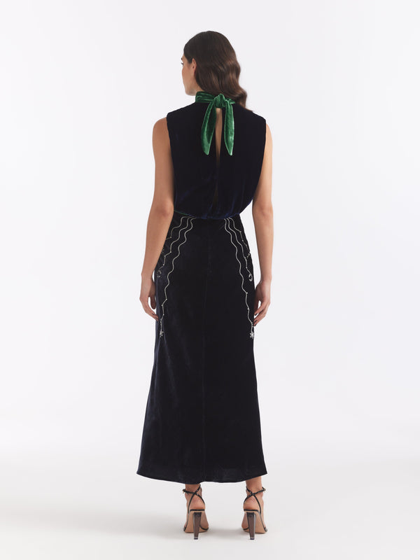 Saloni Fleur Velvet Dress In Sapphire