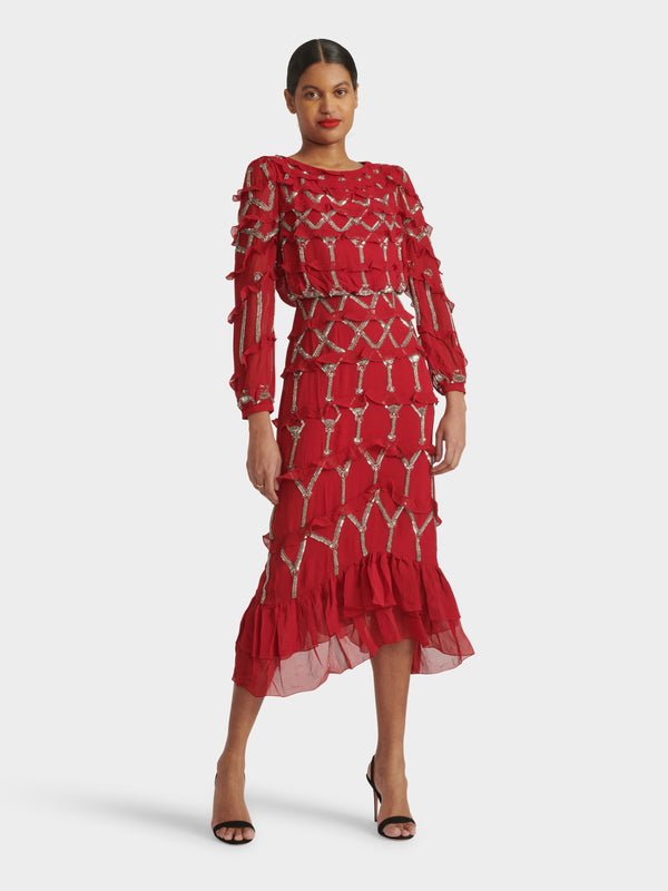 Saloni Isa D Dress In Cherry Embroidered