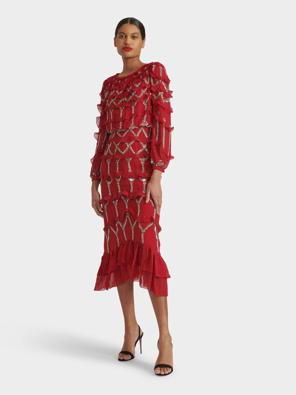 Saloni Isa D Dress In Cherry Embroidered