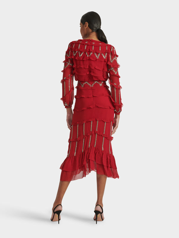 Saloni Isa D Dress In Cherry Embroidered