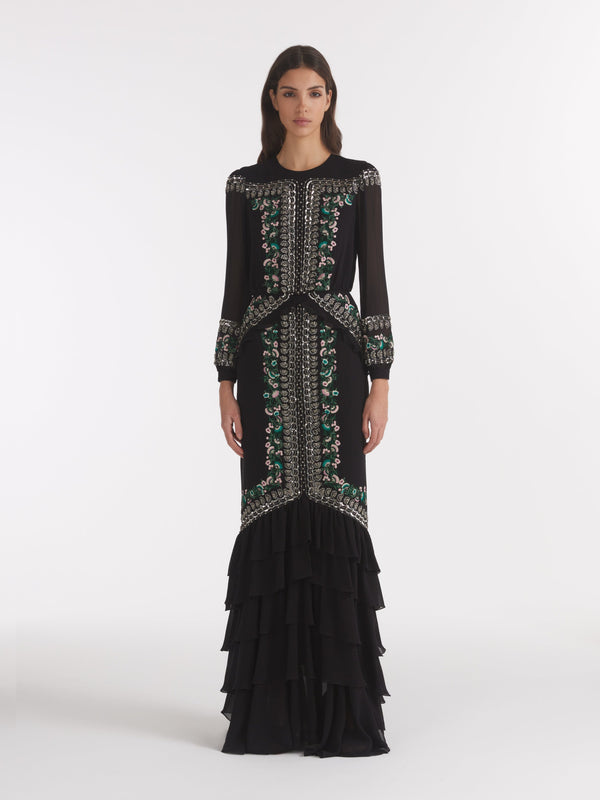 Saloni Isa Long C Dress Black Botanic Embroidery