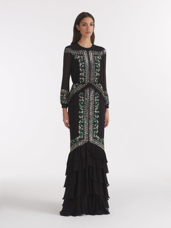 Saloni Isa Long C Dress Black Botanic Embroidery