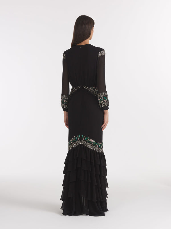 Saloni Isa Long C Dress Black Botanic Embroidery