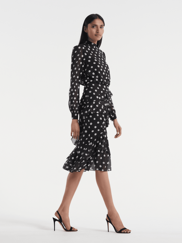 Saloni Isa Ruffle Dress In Mono Dot