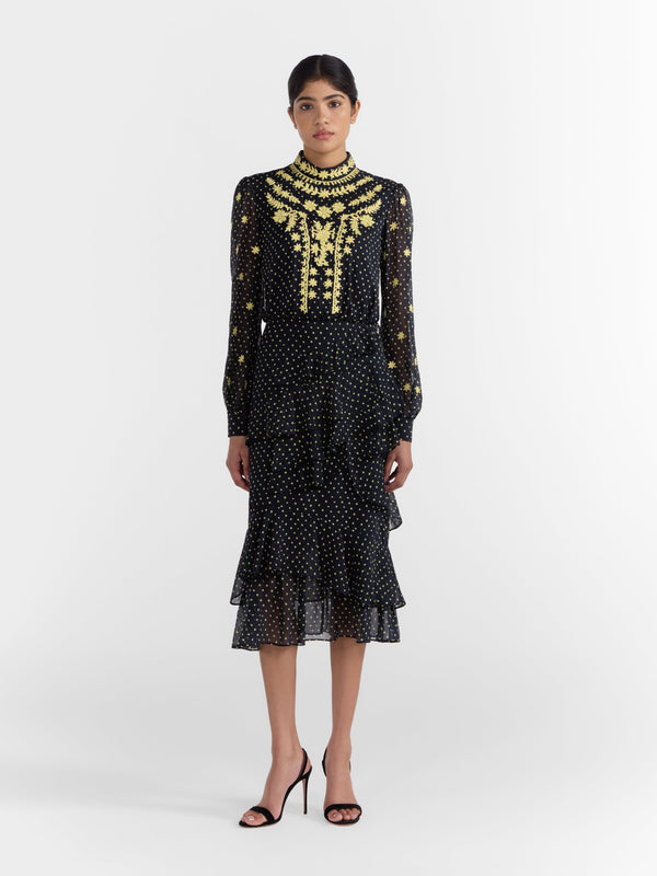 Saloni Isa Ruffle Dress In Tiny Dot Sunrise