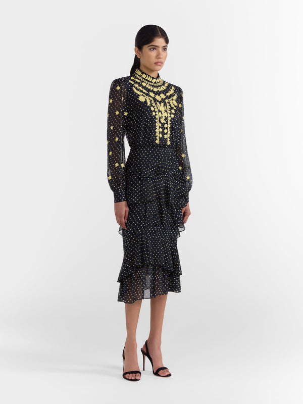 Saloni Isa Ruffle Dress In Tiny Dot Sunrise